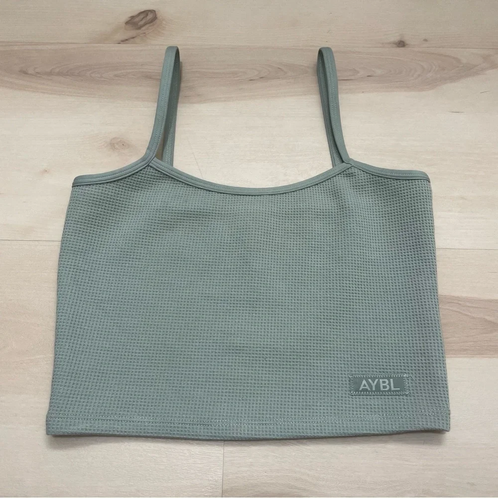 EUC AYBL Waffle Crop Vest Tank Spaghetti Strap Sage Green Women's Size XS - Picture 3 of 7